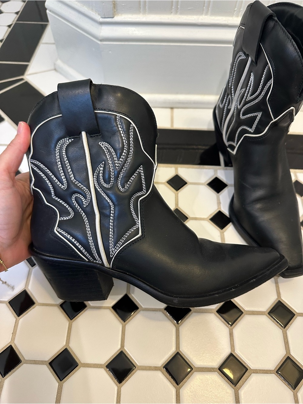 Reformation Otto Mini  Western Ankle Boots with White Stitching